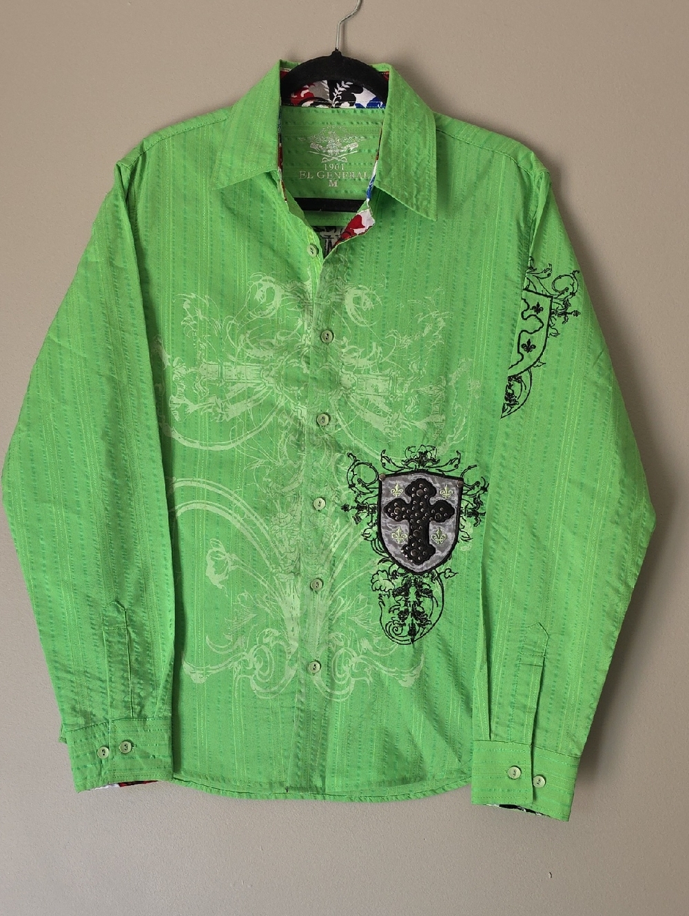 El General Lime Green Graphic Button-Down Shirt Excellent Condition Like NEW!